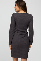 Charcoal Ribbed Waist Tie Maternity Dress