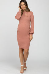 Rust Mock Neck Ruched Maternity Dress