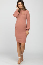 Rust Mock Neck Ruched Maternity Dress