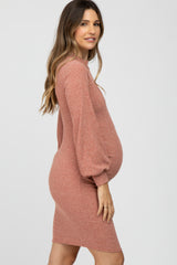 Rust Mock Neck Ruched Maternity Dress