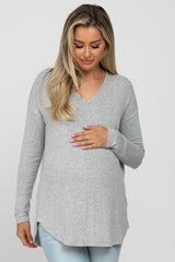 Heather Grey Brushed V-Neck Long Sleeve Maternity Top