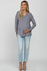 Navy Brushed V-Neck Long Sleeve Maternity Top