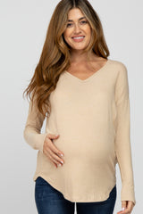 Beige Brushed V-Neck Long Sleeve Maternity Top