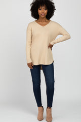 Beige Brushed V-Neck Long Sleeve Top