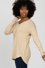 Beige Brushed V-Neck Long Sleeve Top