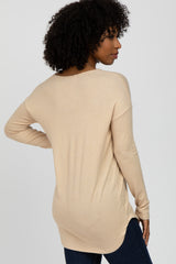 Beige Brushed V-Neck Long Sleeve Top