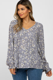 Grey Floral Long Sleeve Babydoll Top