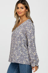 Grey Floral Long Sleeve Babydoll Top