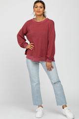 Red Long Sleeve Ribbed Accent Top