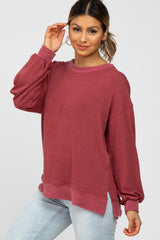 Red Long Sleeve Ribbed Accent Top