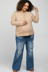 Beige Ribbed Top Stitch Long Sleeve Plus Maternity Top