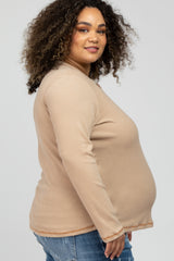 Beige Ribbed Top Stitch Long Sleeve Plus Maternity Top