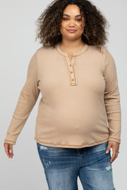 Beige Ribbed Top Stitch Long Sleeve Plus Maternity Top