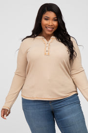 Beige Ribbed Top Stitch Long Sleeve Plus Top