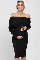 Black Brushed Knit Off Shoulder Maternity Dress