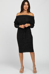 Black Brushed Knit Off Shoulder Dress