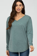 Light Olive Heathered Long Sleeve V Neck Maternity Top