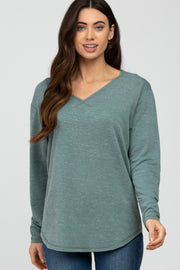 Light Olive Heathered Long Sleeve V Neck Top