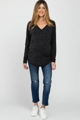 Black Heathered Long Sleeve V Neck Maternity Top