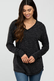 Black Heathered Long Sleeve V Neck Top