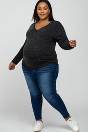 Black Heathered Long Sleeve V Neck Maternity Plus Top