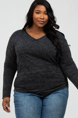 Black Heathered Long Sleeve V Neck Plus Top