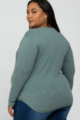 Light Olive Heathered Long Sleeve V Neck Maternity Plus Top