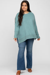 Teal Soft Brushed Knit Dolman Sleeve Side Slit Plus Top