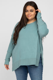 Teal Soft Brushed Knit Dolman Sleeve Side Slit Plus Top