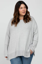 Heather Grey Soft Brushed Knit Dolman Sleeve Side Slit Plus Top