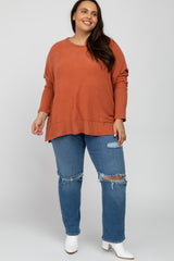 Orange Soft Brushed Knit Dolman Sleeve Side Slit Plus Top