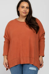 Orange Soft Brushed Knit Dolman Sleeve Side Slit Plus Top