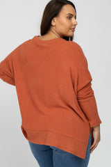 Orange Soft Brushed Knit Dolman Sleeve Side Slit Plus Top