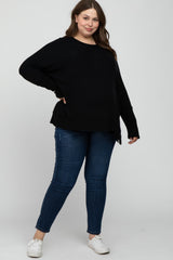 Black Soft Brushed Knit Dolman Sleeve Side Slit Maternity Plus Top