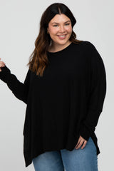 Black Soft Brushed Knit Dolman Sleeve Side Slit Maternity Plus Top