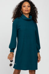 Dark Teal Brushed Rib Turtleneck Maternity Dress