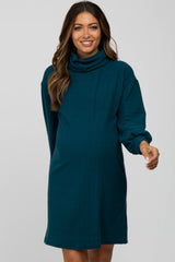 Dark Teal Brushed Rib Turtleneck Maternity Dress