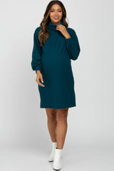 Dark Teal Brushed Rib Turtleneck Maternity Dress