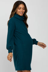 Dark Teal Brushed Rib Turtleneck Maternity Dress