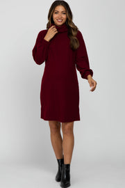 Burgundy Brushed Rib Turtleneck Maternity Dress