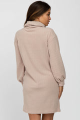 Beige Brushed Rib Turtleneck Maternity Dress