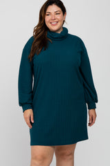 Dark Teal Brushed Rib Turtleneck Plus Dress