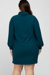 Dark Teal Brushed Rib Turtleneck Plus Dress