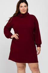 Burgundy Brushed Rib Turtleneck Plus Dress