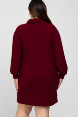 Burgundy Brushed Rib Turtleneck Plus Dress