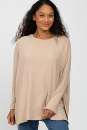 Beige Soft Brushed Knit Dolman Sleeve Side Slit Top