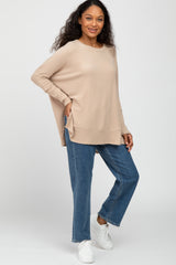 Beige Soft Brushed Knit Dolman Sleeve Side Slit Top