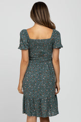 Teal Floral Puff Sleeve Maternity Dress