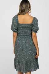 Teal Floral Puff Sleeve Dress