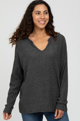 Charcoal Ribbed Split Neck Knit Top